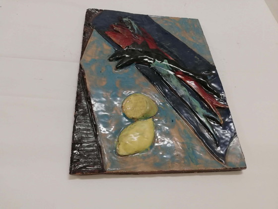 Image 1 of Enamelled terracotta plate, with fish and lemon