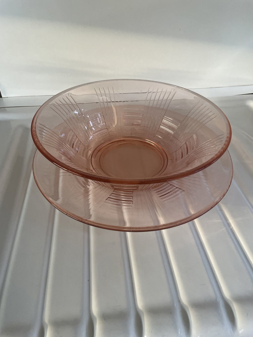 Bowl + plate Glass Luxval Belgian Art Deco 1930s