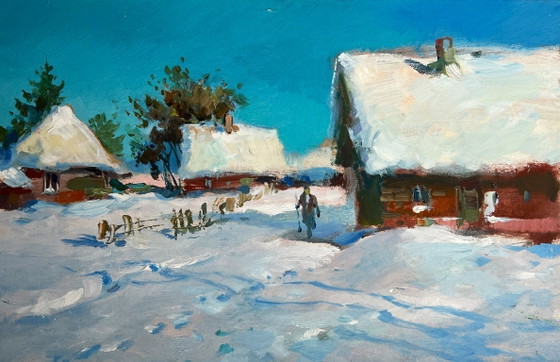 Image 1 of Dipinto ad olio originale Paesaggio di un villaggio innevato Spalare la neve dal cortile
