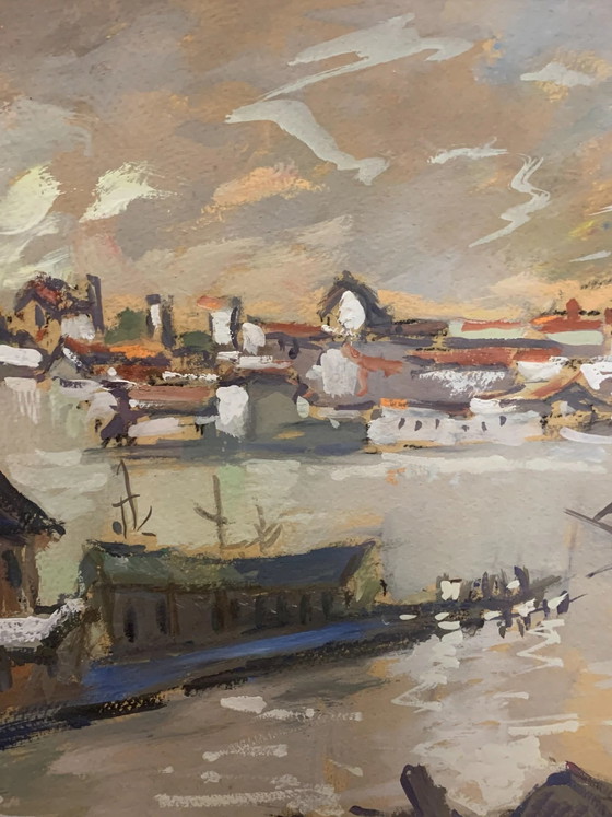 Peinture à l'huile Paysage au coucher du soleil sur toile par Ok, années 1950, Peintures et dessins (photo 5 sur 5)