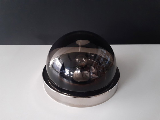 Image 1 of Stijlvolle space age plafonnière met rookglazen kap, vintage glazen plafondlamp met chroom