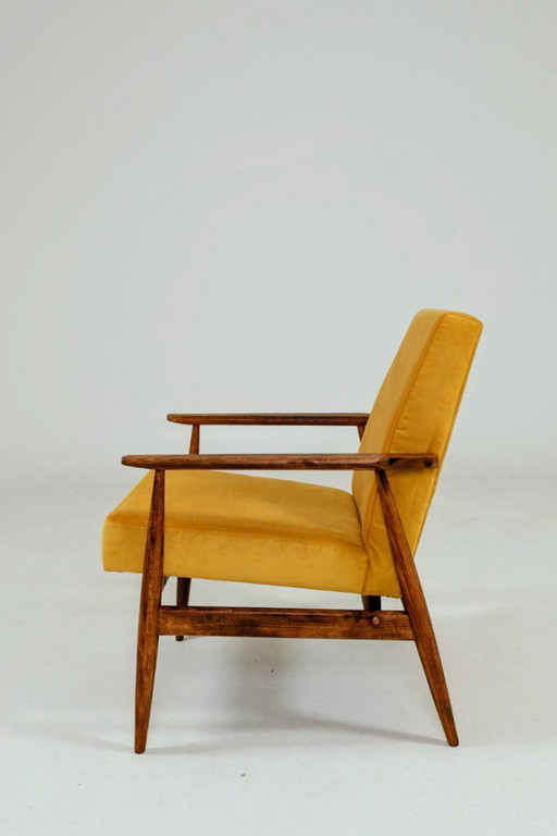 Fauteuil lounge vintage en velours jaune mangue, design milieu du siècle, années 1960