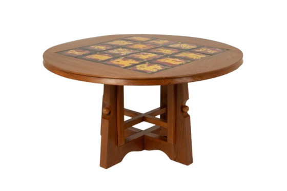 Image 1 of Guillerme et Chambron. Guéridon en chêne et céramique. Années 1970-80