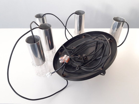 Image 1 of Vintage cascade pendant lamp with 5 transparent glass bubble glass cups, mcm glass chrome chandelier