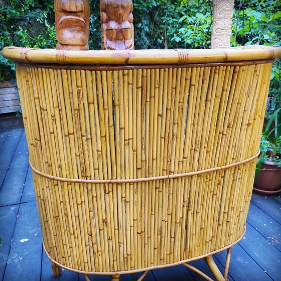 Image 1 of Tiki bar et ses tabourets vintage en rotin et bambou, France, 1950s