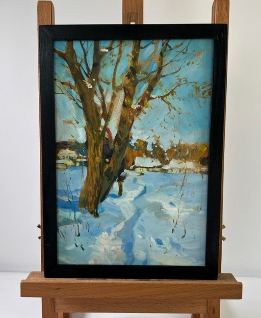Original Oil Painting Winter Village Landscape Winter path to the village