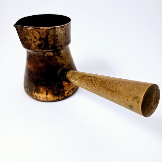 Image 1 of Antique Handmade Copper Coffee Pot With Wooden Handle | Coffe Maker From 1940s | Signed By L. DÖMÖTÖR well-known Goldsmith