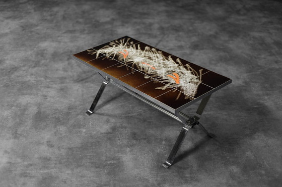 Image 1 of Table basse vintage moderne du milieu du siècle avec plateau en céramique carrelée, années 1970