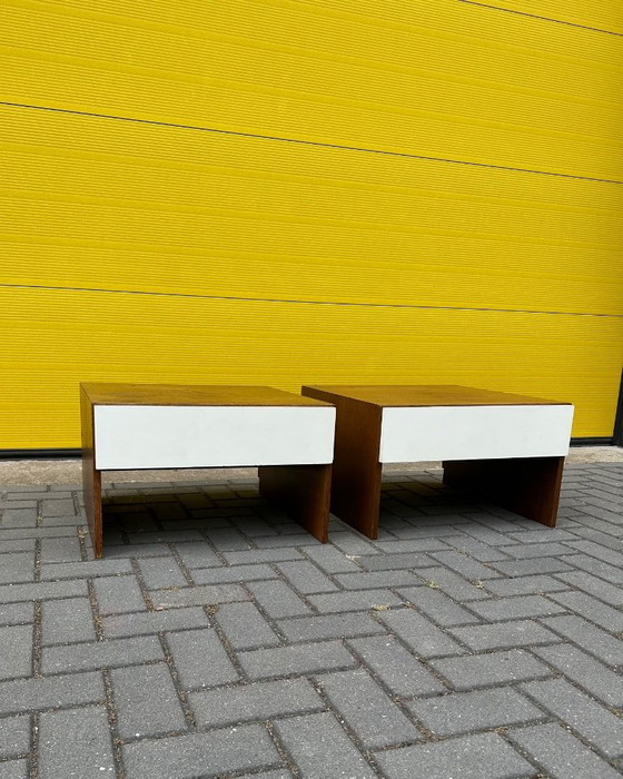 Image 1 of Vintage retro bedside tables / side table - wood veneer & white incl. drawer