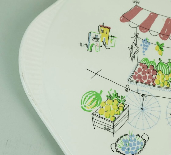Image 1 of Taartbord uit de jaren 50, Grunstadt, met prachtige decoratie, zuidelijk tafereel, fruit- en groenteverkoper.