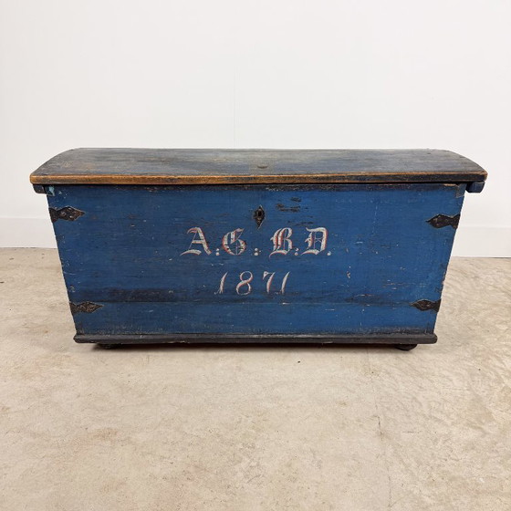 Baule antico dipinto di blu del 1871, Armadi contenitori, Legno, Metallo, Vintage (foto 3 di 15)