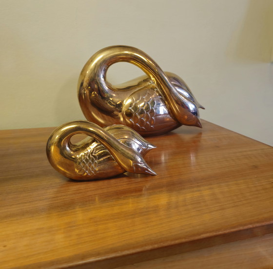 Image 1 of Vintage Zware Messing Zwanen Zwaan Vogels Beelden