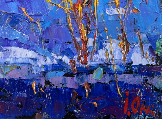 Image 1 of Original Oil Painting Winter Village Landscape Frosty stars in the evening sky