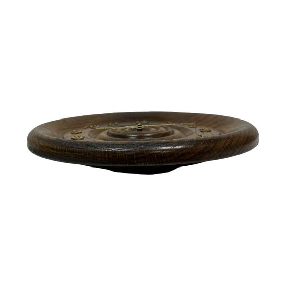 Image 1 of Vintage round oak wall clock carved turned wood retro Germany 1980s.