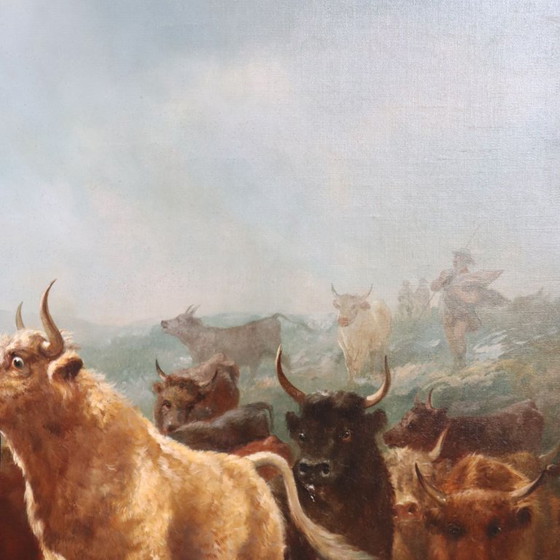 Image 1 of Large Oil Painting on Canvas, Herd of Cattle, Signed Watson W. 19th Century