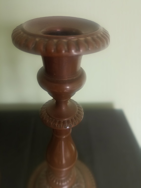 Image 1 of Paire de chandeliers anciens « C. Balaine à Paris » — cuivre plaqué bronze, style Empire, première moitié du XIXe siècle