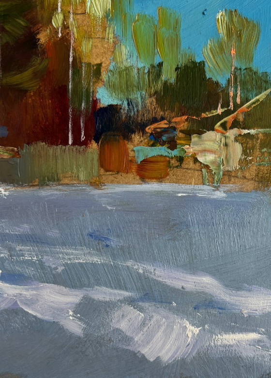 Image 1 of Original Oil Painting Frosty Houses Landscape Winter calm in the village