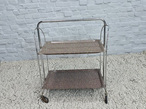 Vintage Foldable and Mobile Chrome Steel 2 Floral Decorated Layers ‘Dinett’ Serving Trolley by Gerlinol, Germany, 1970s. 