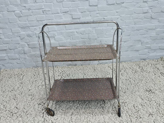 Image 1 of Vintage Foldable and Mobile Chrome Steel 2 Floral Decorated Layers ‘Dinett’ Serving Trolley by Gerlinol, Germany, 1970s. 