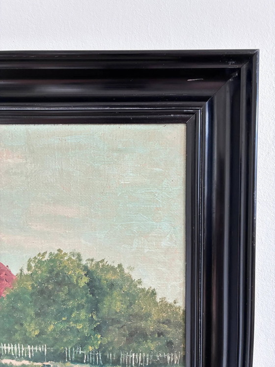 Image 1 of Peinture à l'huile originale vintage représentant un paysage, signée, œuvre d'art de ferme