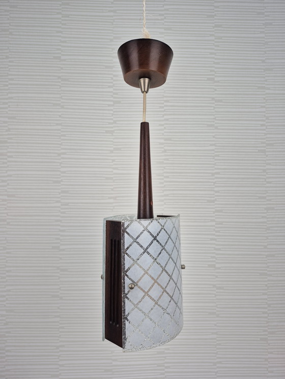 Image 1 of Mid-century pendant lamp in teak and embossed glass. Vintage lamp.