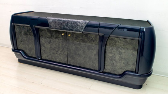 Image 1 of Postmodern Blue Lacquer and Black Marble Sideboard by DBM, Italy, 1980s