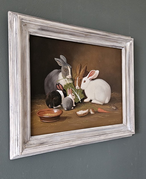 Jan van der Meer (1942-2024) Vijf konijntjes met blad kool