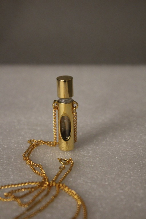 Colgante de perfume Jovan con cadena, color dorado, con frasco de vidrio, vintage, raro