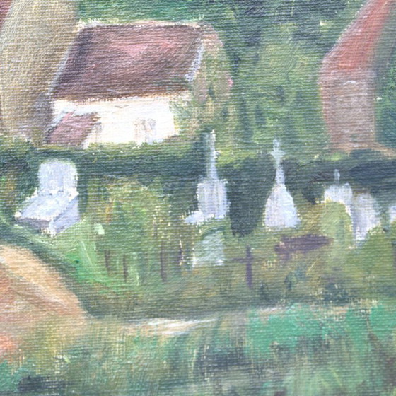 Image 1 of Vintage olieverfschilderij op canvas, gesigneerd, kerk, Europese vondst, landelijk stilleven, gedateerd 1950, wanddecoratie