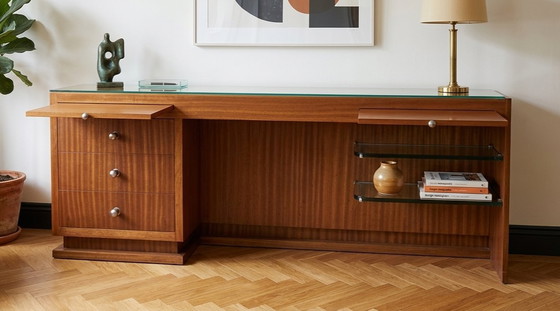 Image 1 of Vintage Italian Modern Credenza with Floating Glass Shelves & Pull-Out Trays