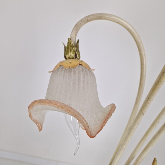 Image 1 of Italian Floor Lamp with Metal Stems, Leaf Details and Murano Glass Flower Shades
