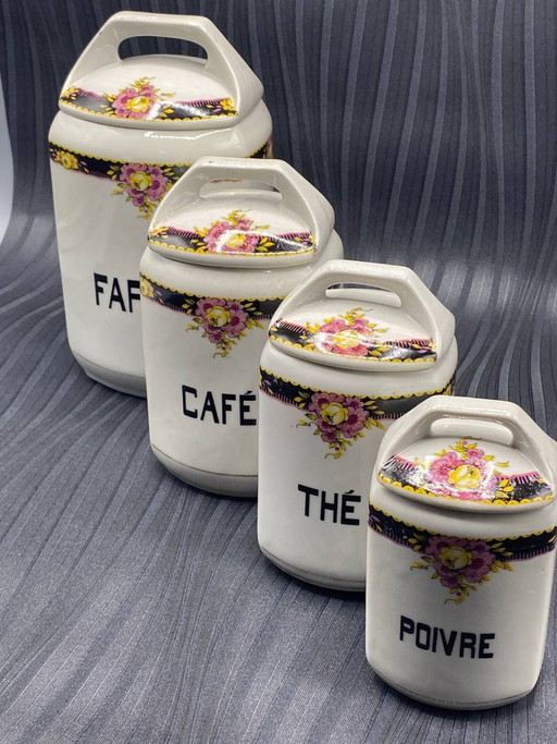 4 vasetti, decorazioni floreali Art Déco, per farina, caffè, tè e pepe, con coperchi originali. – servies, Art Deco