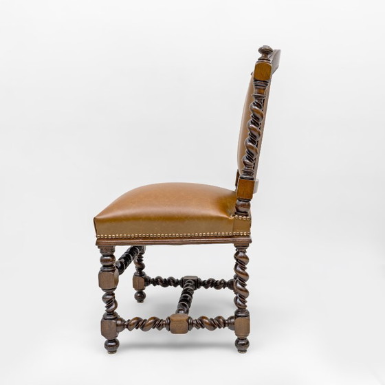 Image 1 of Six of Antique Italian Neo-Renaissance Walnut Dining Chairs in Genuine Leather.