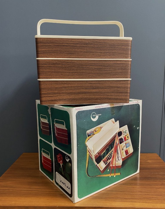 Image 1 of 1970s plastic brown sewing box in original box