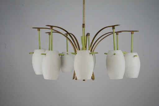 Midcentury 9-Arm Brass Chandelier with Green Lacquer & Opaline Glass. Italy 1950s