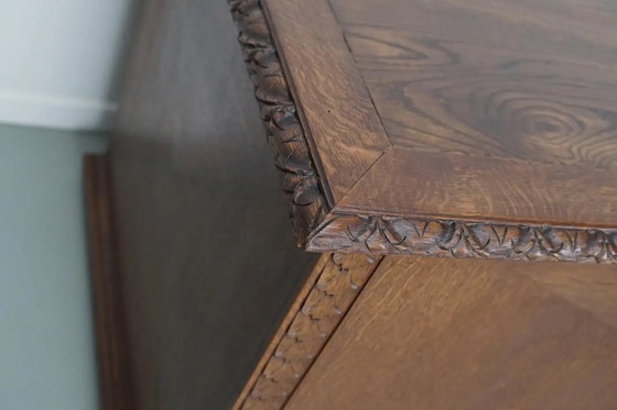 Image 1 of Antiker niederländischer Jugendstil-Schreibtisch/-Theke aus geschnitzter Eiche, frühes 20. Jahrhundert