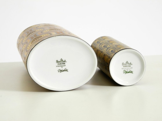 Image 1 of Two beautiful 1970s porcelain vases by Björn Wiinblad for Rosenthal Studio-Linie. Abstract peacock feathers in gold and black