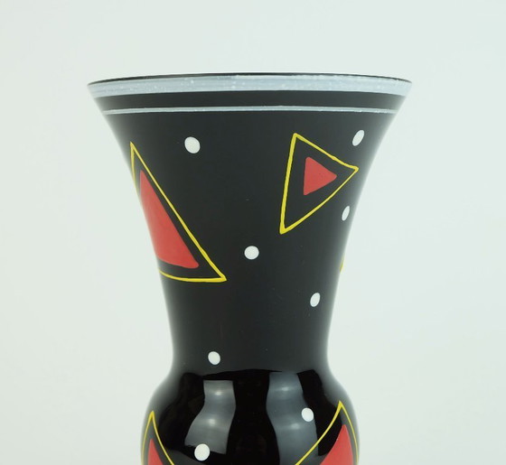 Image 1 of Mid Century Glasvase Hyalith Glas schwarz Glas abstrakte Dekor Emaille Malerei 1950er Jahre