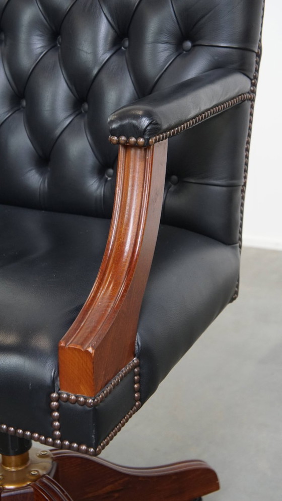 Image 1 of Dark blue/ black cowhide leather chesterfield office chair on wheels