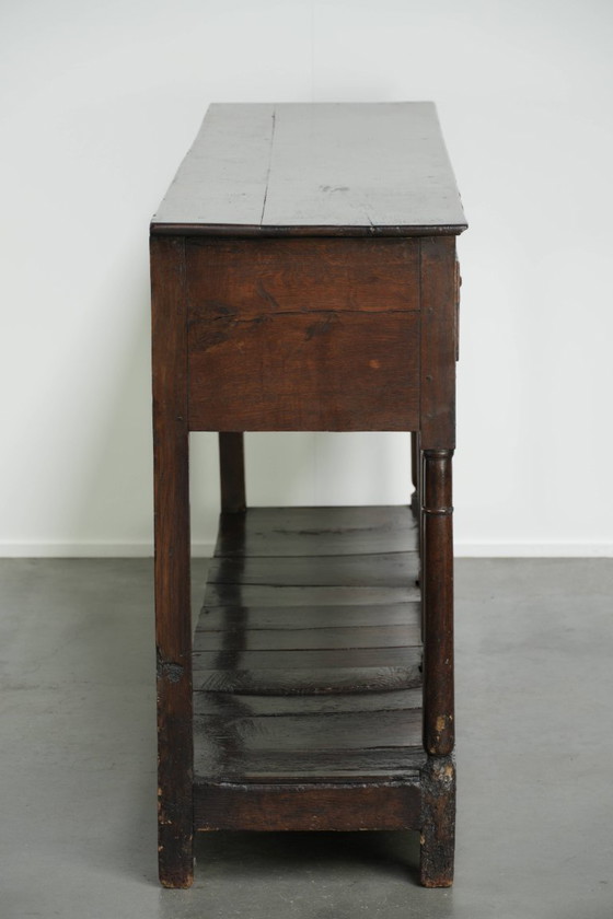 Very beautiful 18th-century English double-based dresser made of oak with beautiful colors and a timeless (photo 4 of 15)