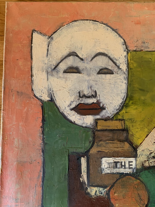 Cuadro vintage de 1966 “Maskerade” – Walter Wynn – arte modernista, firmado – 60×50 cm