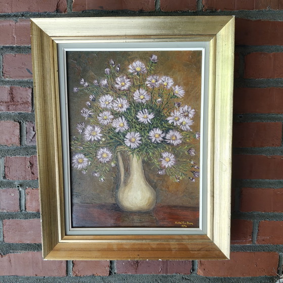 Image 1 of Vintage Floral Oil Painting by Hector Van Neer (1974) – Textured Still Life