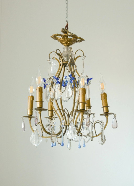 Vintage Französischer Kronleuchter aus vergoldeter Bronze, blaues Muranoglas, 6-flammig, 1960er Jahre