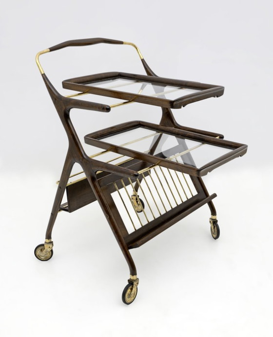 Image 1 of Cesare Lacca Mid-Century Modern Italian Walnut and Brass Bar Cart by Cassina 50s