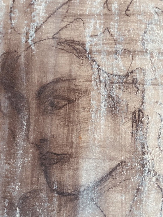 Image 1 of Dibujo a carboncillo, firmado, retrato femenino del siglo XIX