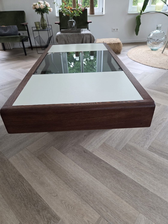 Image 1 of Unique Vintage Coffee Table with Wood and Smoked Glass