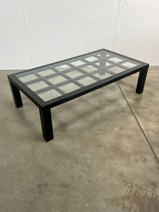 Vintage Black High Gloss Coffee Table With Glass Top, Japanese Style, 1980's