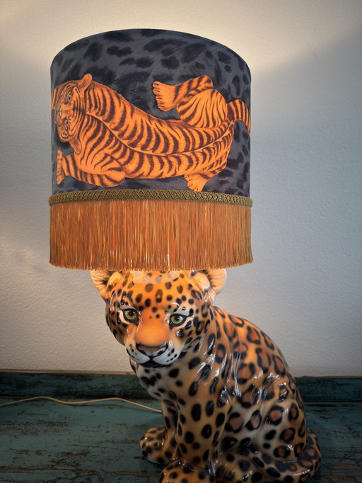Handmade ceramic baby cheeta lamp with velvet shade