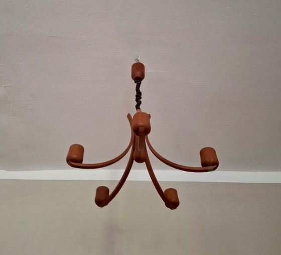 Image 1 of Variable Height Teak Chandelier with Five-Arms by Domus, Denmark 1970s