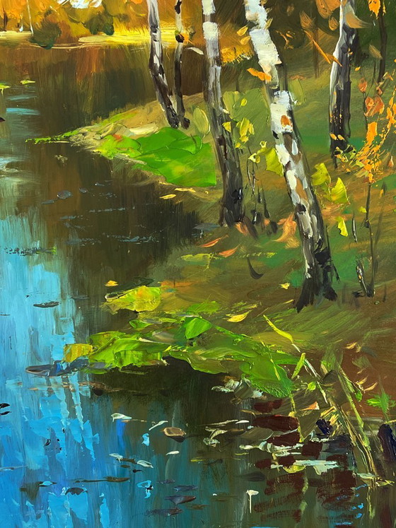 Image 1 of Peinture à l'huile originale, paysage naturel : une rivière dans la forêt d'automne